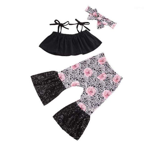 

clothing sets 3-piece children outfit, girls adjustable spaghetti strap tank rose print sequin flared trousers bow headband1, White