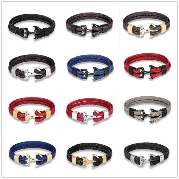 

mkendn fashion leather bracelet for men black braid multilayer rope chain stainless steel anchor male jewelry pulseras gifts bbyqlp