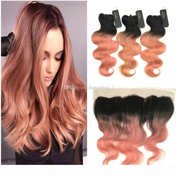 

#1b rose gold lace frontal closure with bundles ombre indian hair 1b rose gold ombre body wave hair 3 bundles with lace frontals, Black;brown