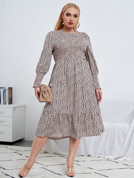 

plus dalmatian print shirred lantern sleeve ruffle hem dress h5wa#, Black