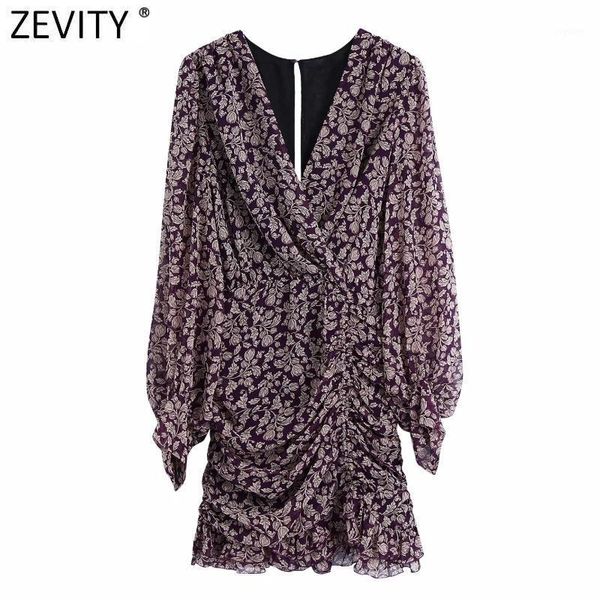 

zevity new spring women cross v neck flower print pleated mini dress female hem ruffles slim kimono vestidos chic clothes ds48591, Black;gray