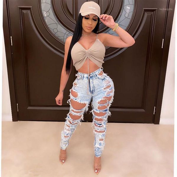 

retro washed hole jeans high waist ripped hole out denim pants high street skinny waist lady pants skinny trousers1, Blue