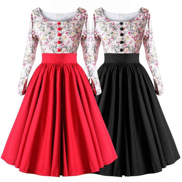 

dress round neck long sleeve women's fake button contrast stitching hepburn style swing skirt, Black;gray