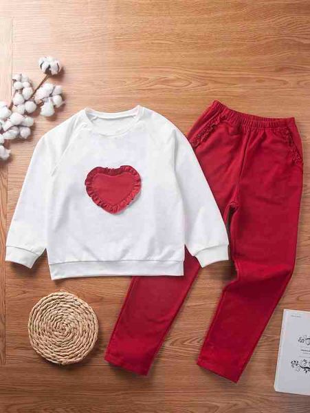 Baby-Sweatshirt-Leggings mit Herzmuster und Rüschenbesatz und Raglanärmeln SIE