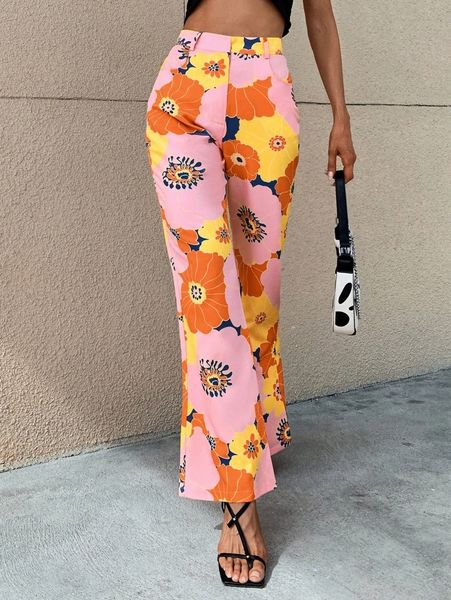 

allover floral print flare leg pants j8fm#, Black;white