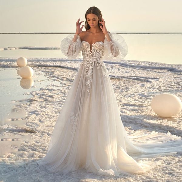 

deep v neck wedding dress new 2020 tulle applique off shoulder sweep train bridal gown vestido de noiva robe de mariee, White
