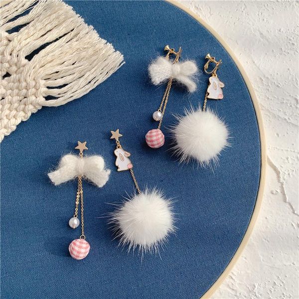 

stud suitable for winter female mink hair ball bow silver pin earrings tassel five pointed star ear, Golden;silver