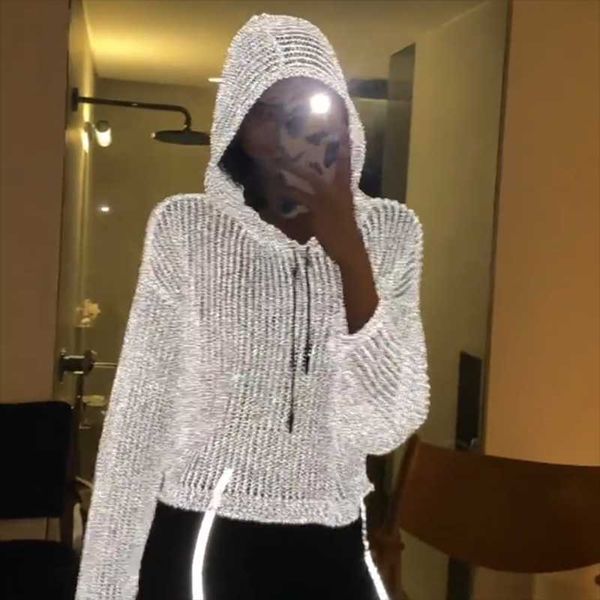

women's hoodies & sweatshirts party bling reflective women full sleeve hollow out design night club shirts knitted oversize ladies, Black