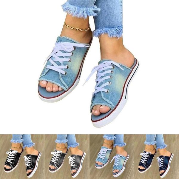 

summer women sandals open toe flat canvas light denim slippers high heel thick soled fish mouth ladies shoes zapatos mujer, Black