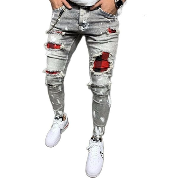 

style 2021 new male fashion grid application pencils pants streetwear skinny jeans 5mbm, Blue