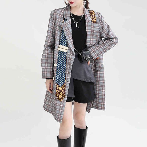 

women's suits & blazers [eam] women black printed plaid long blazer lapel sleeve loose fit jacket fashion spring autumn 2022 1de3656 pj, White;black
