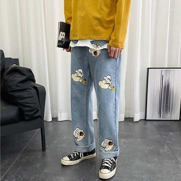 

cartoon popeye print wide leg jean women high waist harem pants female loose casual plus size denim trousers harajuku streetwear1, Blue