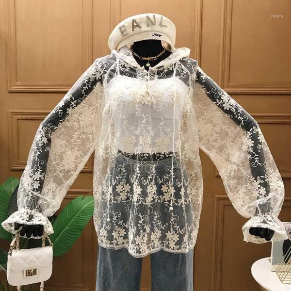 

summer lace shirt new fashion lace embroidery crochet hooded loose perspective sun protection clothing women long sleeve blouse1, White