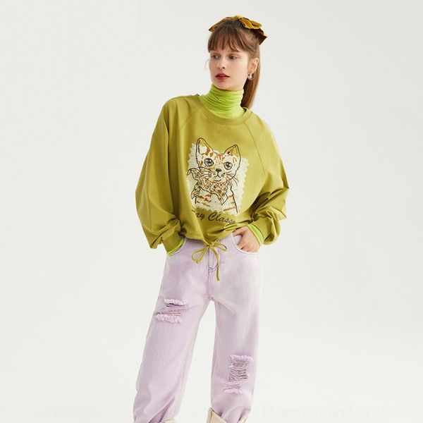 

zhty8 ll2020 autumn women's new cat embroidered short hem drawstring long sleeve neck round sweater sweater 120329a8e31 xwquy, Black