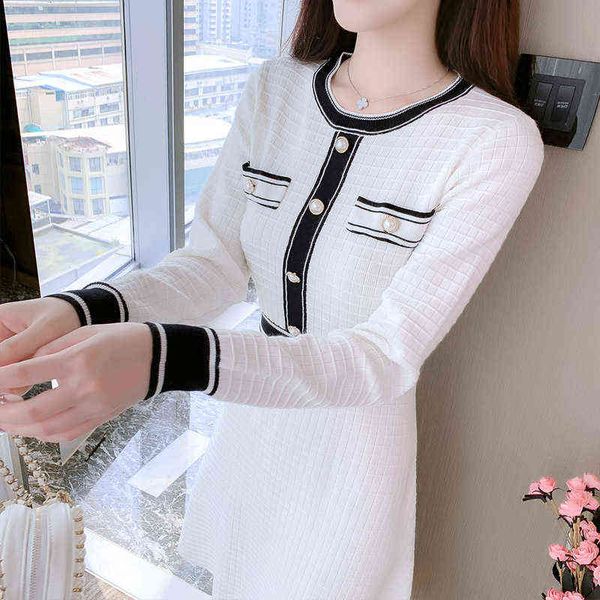 

woman casual dresses 2022 style small fragrance temperament medium and long round neck sweater knitted long sleeve dresses, Black;gray