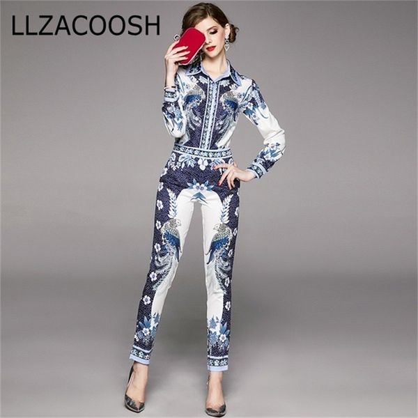 

spring fashion designer runway suit set women's long sleeve vintage print + pants two piece set 201120, White