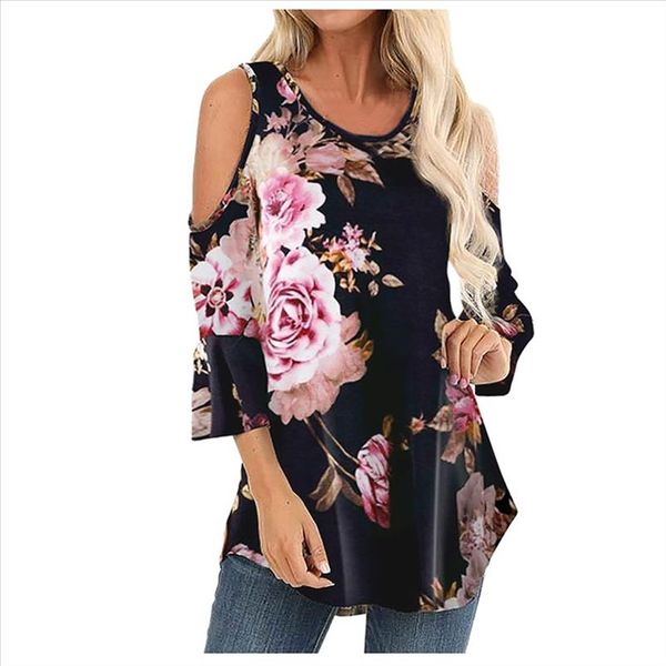 

fashion floral print blouse casual off shoulder summer lady loose tunic female women 3 4 sleeve shirt blusas pullover, White