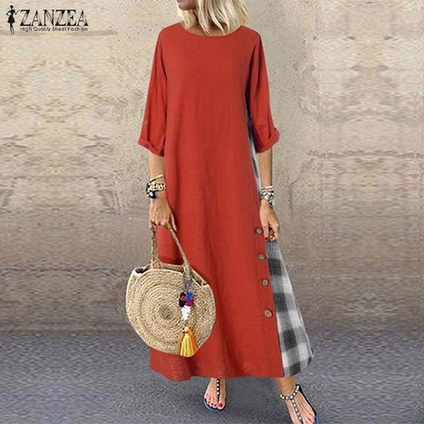 

casual dresses zanzea autumn vintage o neck 3/4 sleeve pacthwork sundress women cotton linen dress robe femme party vestido plus size dresse, Black;gray