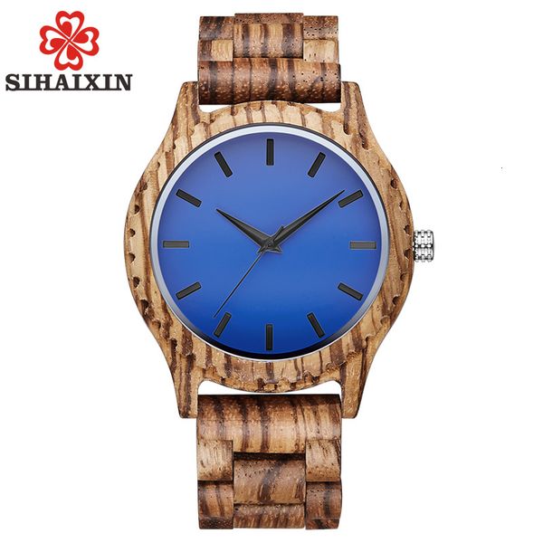 

sihaixin wooden watch male gift blue face zebra bamboo wood watch mens new quartz clock with ing, Slivery;brown