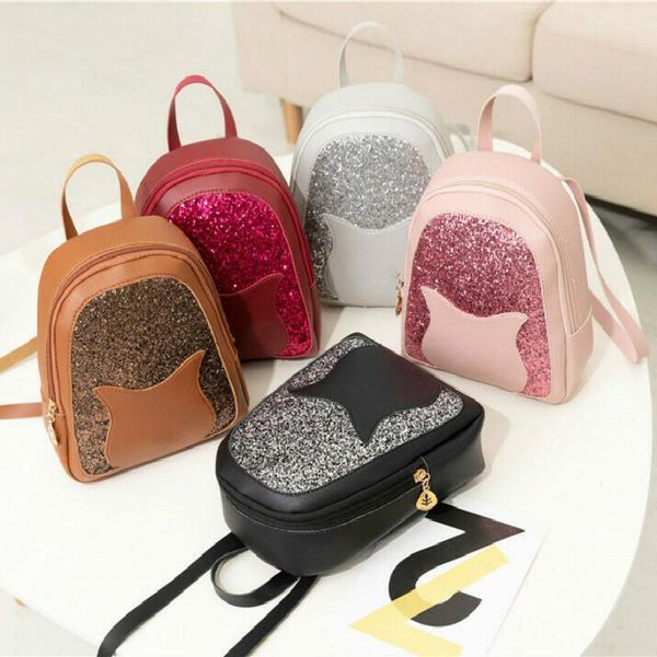 

women lady girls mini sequin leather backpack rucksack school bag travel bags