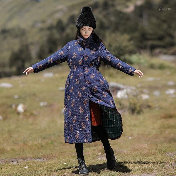 

women's trench coats johnature all-match vintage floral print pockets stand female thick warm cotton overcoat coat 2021 winter fashion, Tan;black