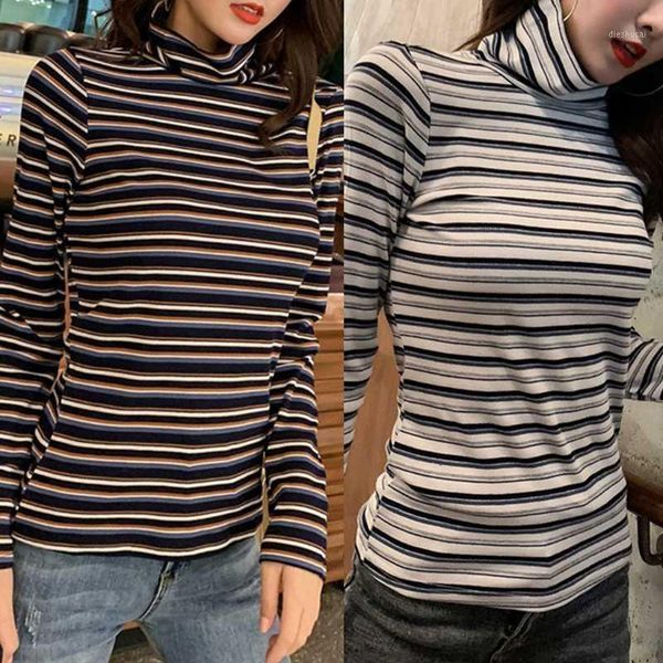 

women long sleeve turtleneck t-shirt contrast colored striped print ribbed pullover slim basic stretch streetwear1, White