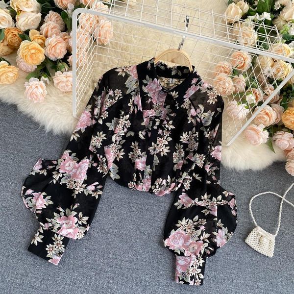 

women's french elegant printed shirts female design sense niche ruffle stitching puff sleeve chiffon blouse female gx10481, White