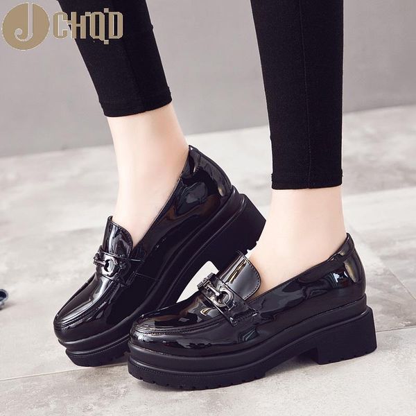 

jchqd spring new women's heeled thick-soled, shallow-mouthed women's shoes wind painted leather shoes, Black