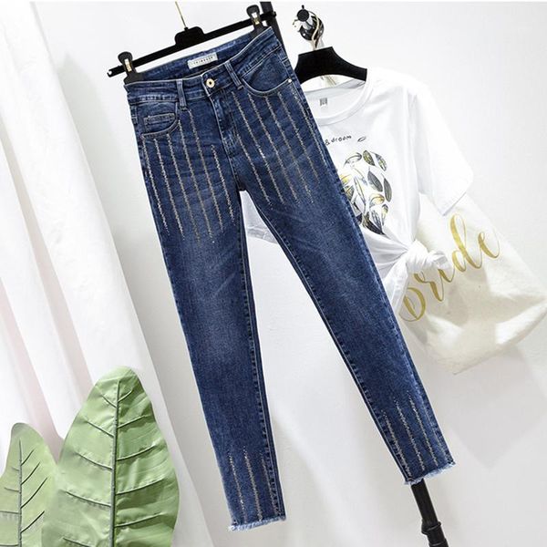 

women's jeans vertical lines painted women's high waist pencil pants mujer fashion plus size ankle length denim autumn woman blue1, Blue