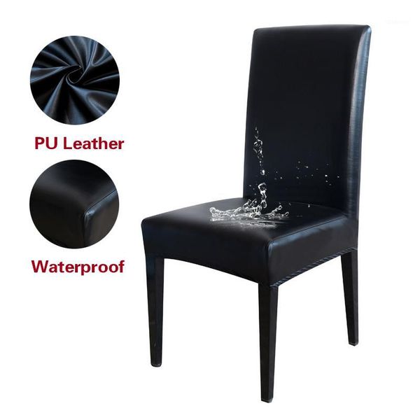 

stretch pu leather chair cover waterproof oilproof black dining chair seat cushion cover for banquet party event washable1