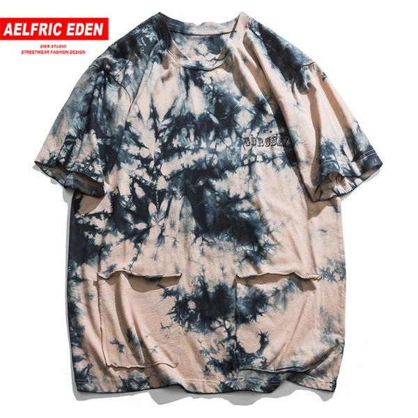 

2021 new aelfric eden retro tie dye men harajuku front pocket tees summer short sleeve tshirt cotton oversize streetwear gffj, White;black