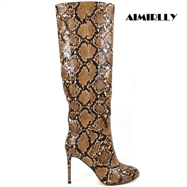 

women's shoes round toe high heels knee boots snake pattern ladies winter autumn footwear outdoor party wear aimirlly, Black