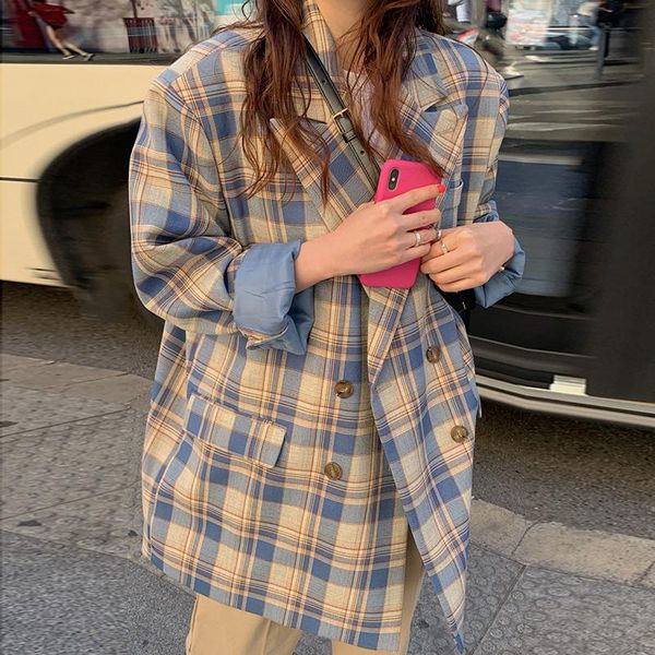 

women's suits & blazers [ewq] 2021 fashion autumn women and jackets work office lady suit slim business hit color plaid coat 5618, White;black