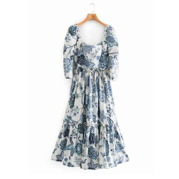 

2021 new floral printed midi women puff long sleeves square collar ruffle dresses woman elastic waist autumn elegant dress phkd, Black;gray