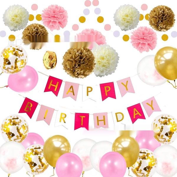 

hwkoo pink baby happy peiug party decorative pink baby girl banner paper flower ball paper string gilded fish tail girl banner theme