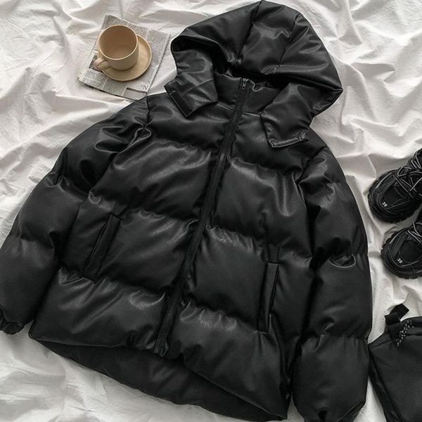 

winter fashion black hooded parkas women casual windproof leather thickened cotton padded jacket female warm oversize