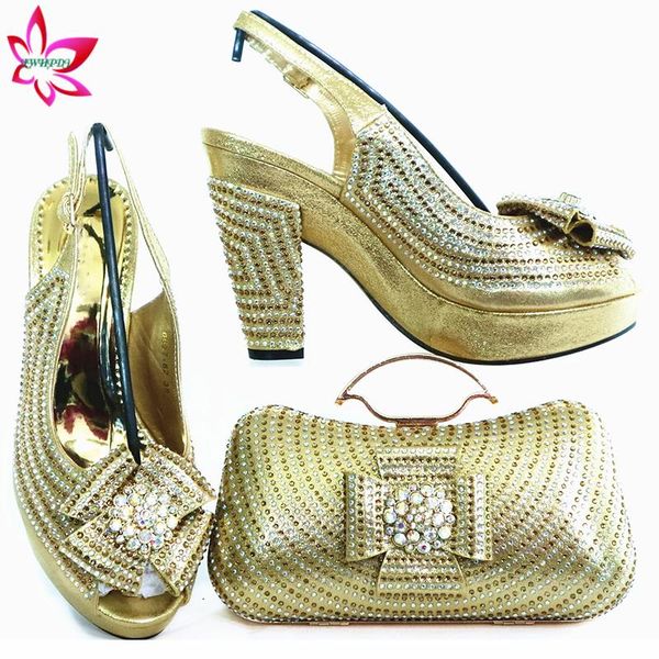 

golden woman luxury crystal shoes and purse set for party italian rhinestone high heels wedding shoes and bag set, Black
