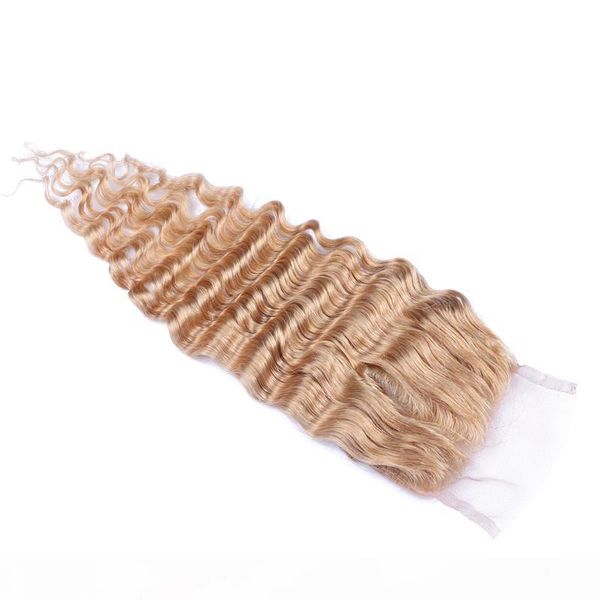 

#27 honey blonde peruvian virgin human hair weave 3 bundles with closure deep wave strawberry blonde 4x4 lace closure with bundles 4pcs lot, Black