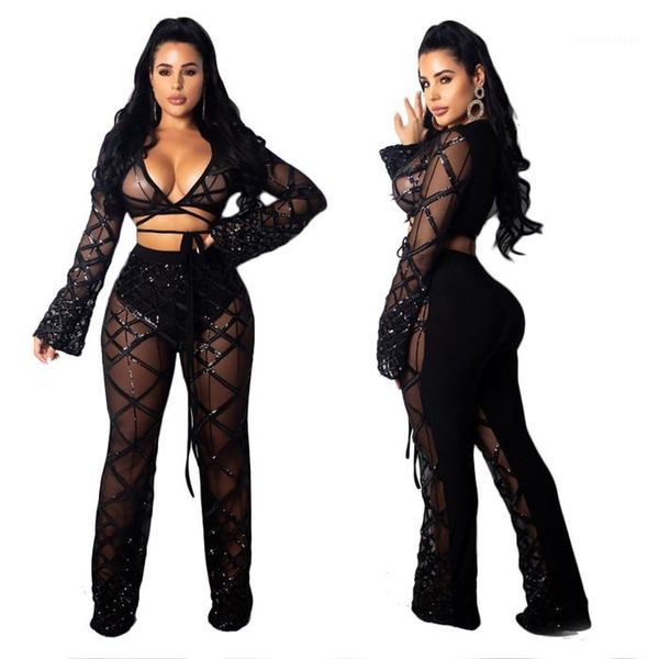 

mesh patchwork suits women hollow out see through tracksuits womens sequin flare 2pcs sets woman banage v-neck, White