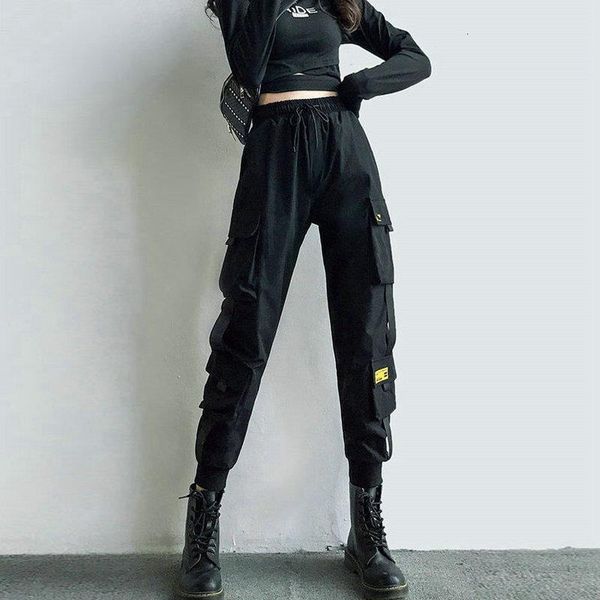 

women's cargo pants black ribbon pocket jogger elastic waist high streetwear harajuku pant punk females trousers harem pants, Black;white