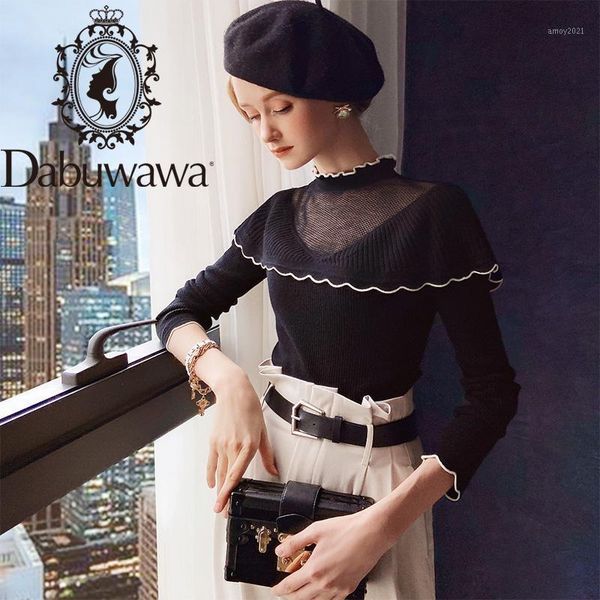 

women's sweaters dabuwawa casual ruffled neck women sweater autumn winter long sleeve ruffle knitted hollow out ladies pullover dt1dkt0, White;black