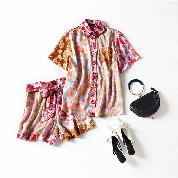 

european and american women's clothing new 2021 spring short sleeved floral print shirt printed shorts fashion suits, White