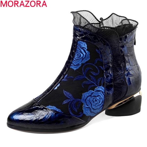 

morazora 2020 big size 34-43 ankle boots genuine leather boots med heels round toe autumn winter ladies shoes black blue 1026