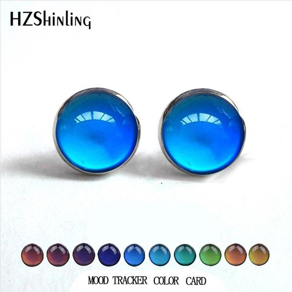 

2021 new style mood tracker thermochromic round stud earrings temperature sensing discoloration thermochromic cabochon jewelry, Golden;silver