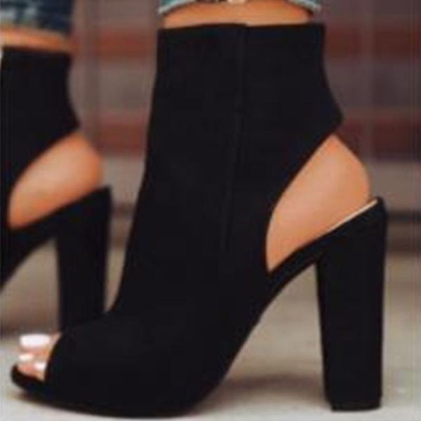 

ankle boots faux suede leather casual open peep toe high heels zipper fashion square rubber black shoes for women plus size 43