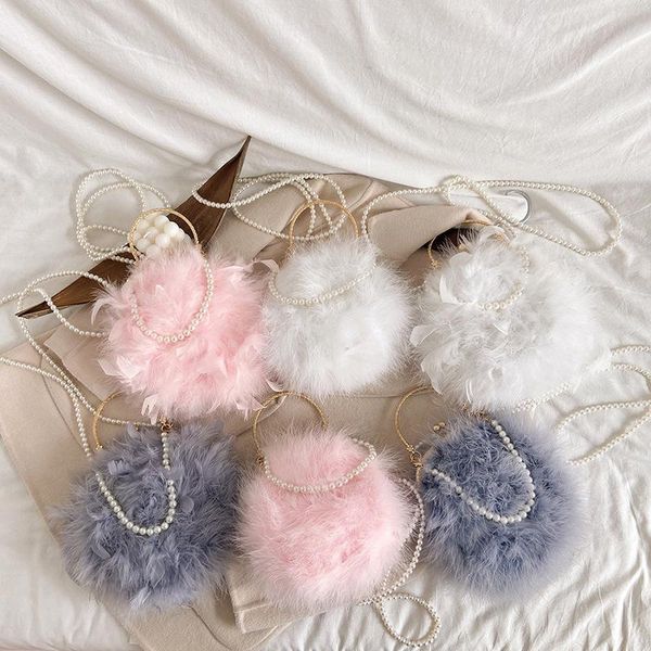 

fashion pearl handbag real feather fur bag fashion turkey hair one-shoulder diagonal hair bag banquet wedding decoration