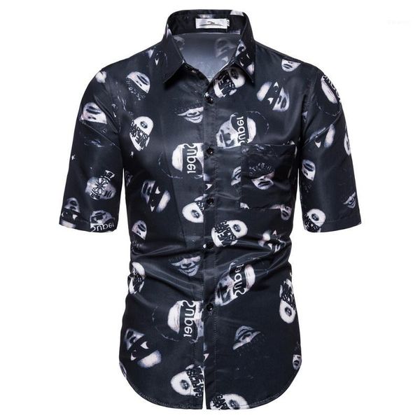 

shirt man personality pattern print short sleeve blouse male casual sports loose summer new arrival black1, White;black
