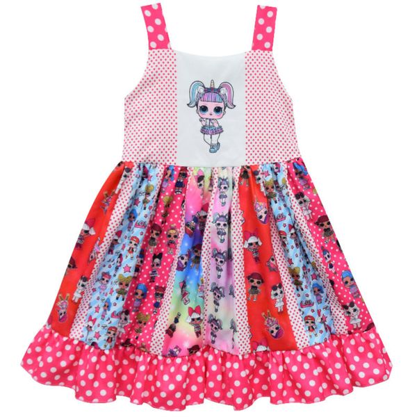 

pink summer dress kids girls sling sleeveless dress boutique milk silk twirl sashes dress chidlren cute cartoon party clothes t200709, Red;yellow