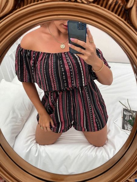 

plus striped & geo print bardot romper m6ar#, Black