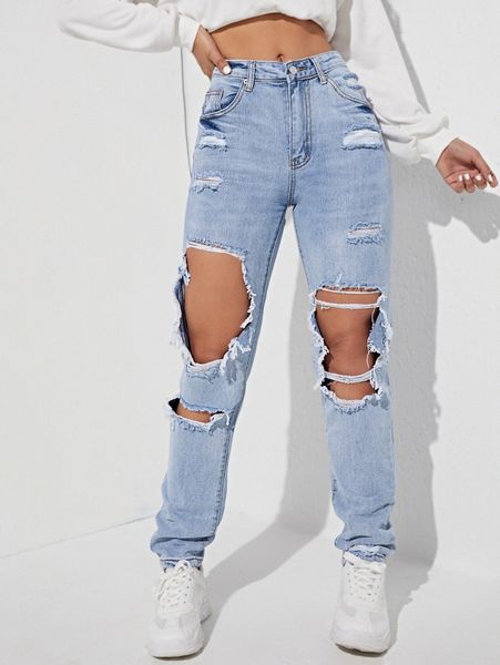 

ripped detail straight leg jeans i40h#, Blue